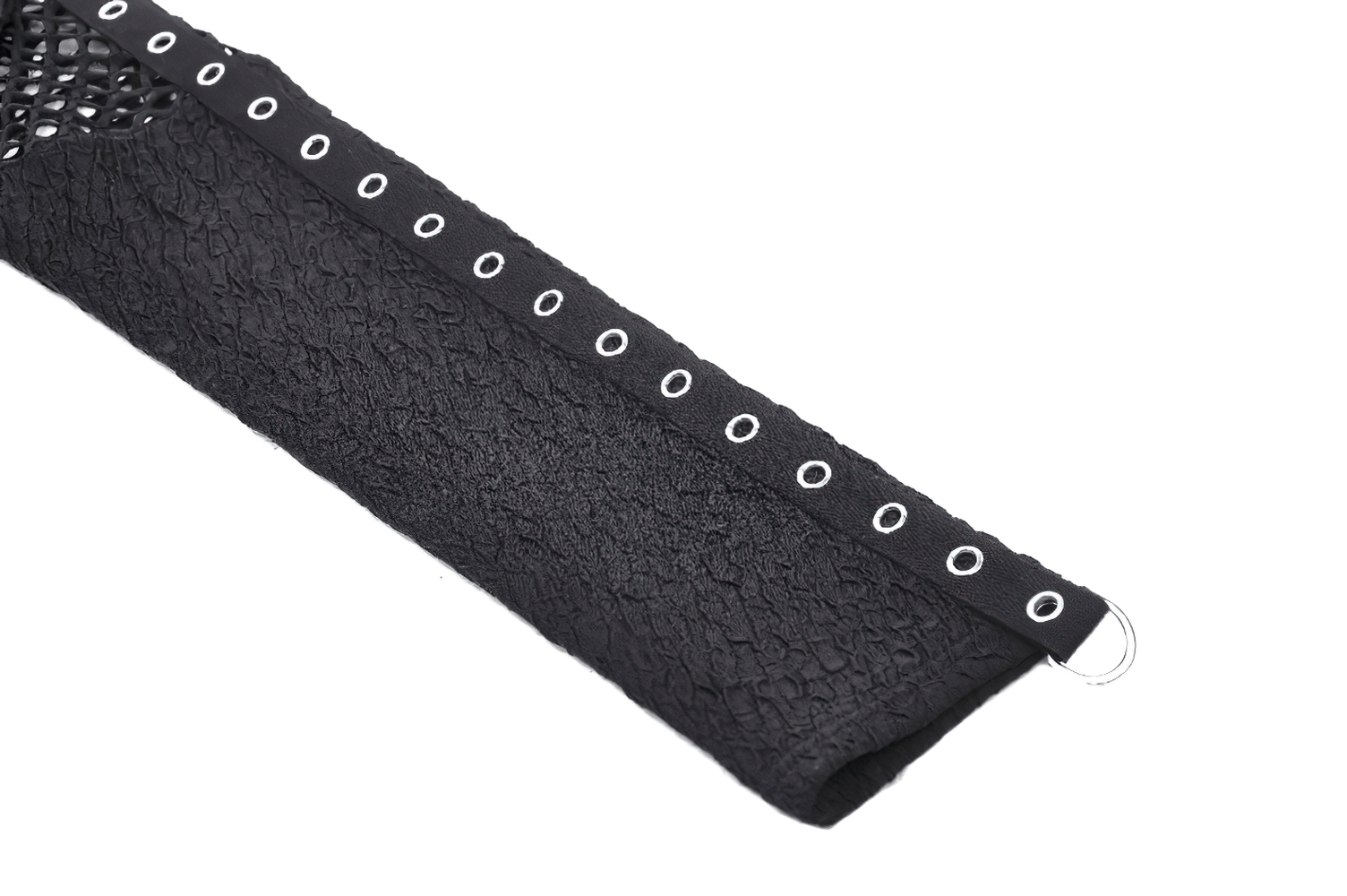 Close-up of black lace sleeve with lace-up detail and eyelet holes for adjustable fit.