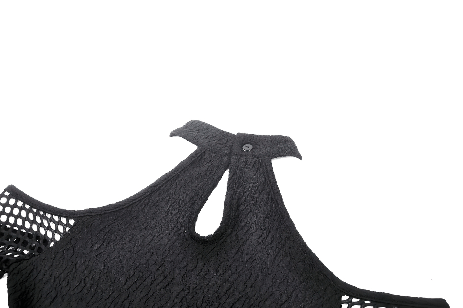 Close-up of stylish black lace top with cutout shoulder and lace-up detail at the back, perfect for edgy fashion.