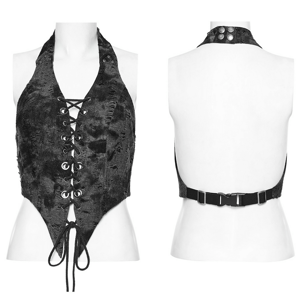 Edgy backless halter crop top with lace-up front and pointed hem, perfect for a punk rock style.