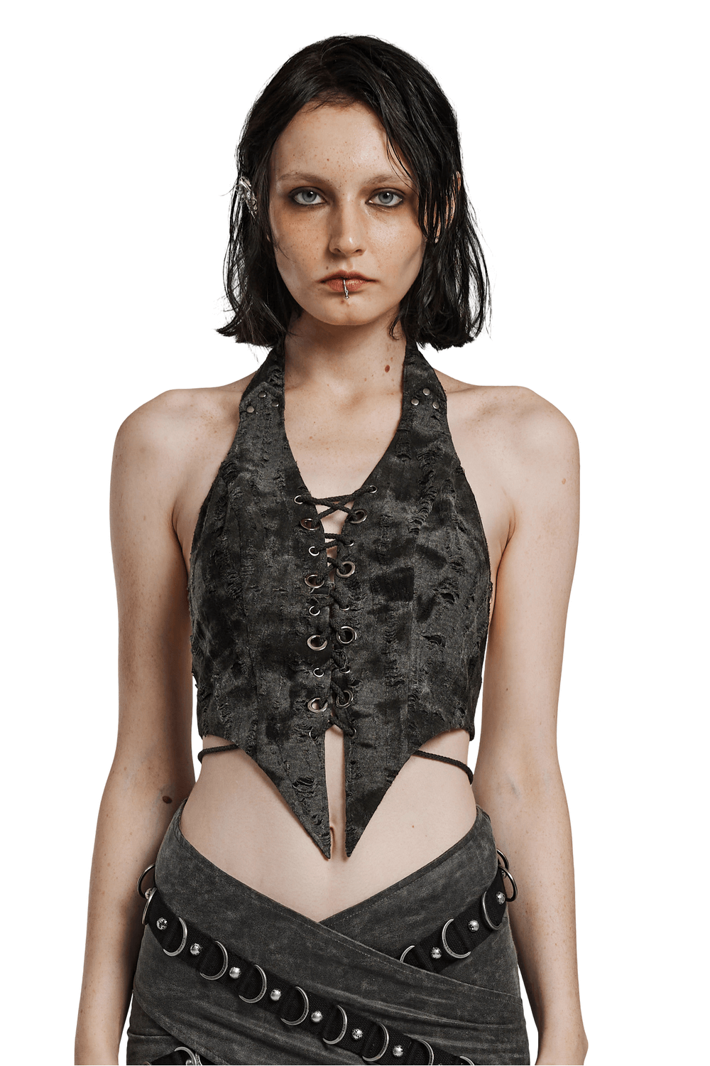 Edgy lace-up backless halter crop top with pointed hem, perfect for punk rock fashion.