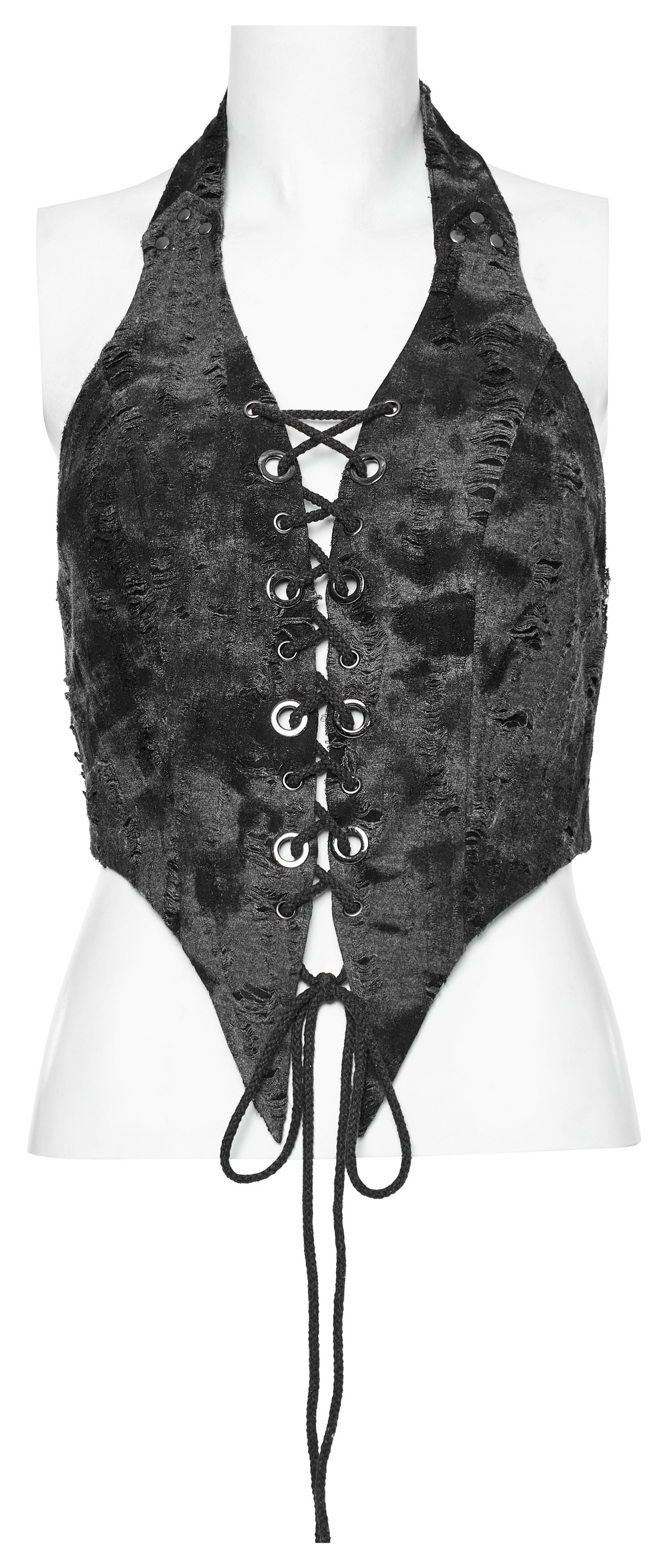 Edgy black lace-up backless halter crop top with pointed hem and adjustable drawstring for a perfect fit.