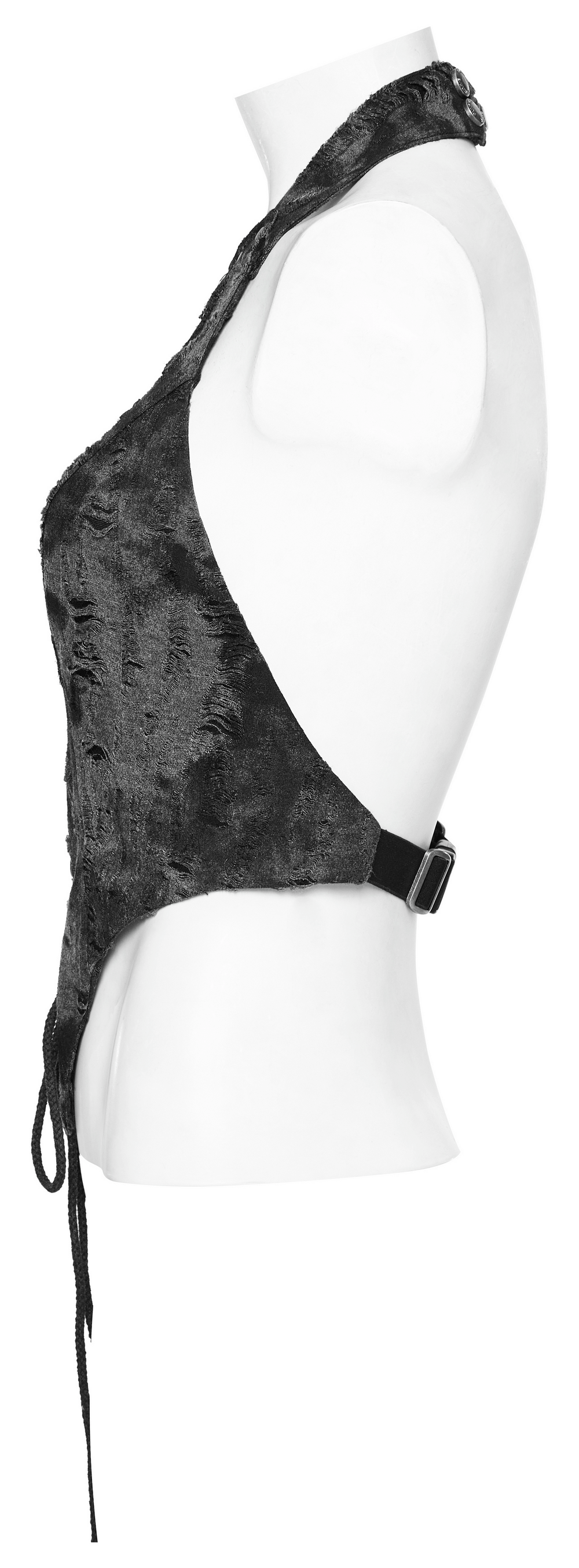 Stylish backless halter crop top with lace-up front and pointed hem, perfect for edgy punk rock looks.