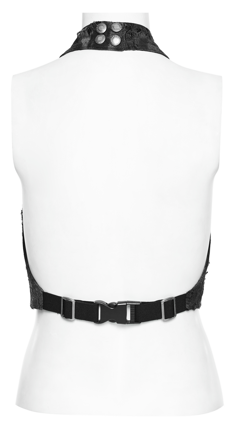 Back view of stylish lace-up halter crop top with adjustable buckles and tattered knit design.