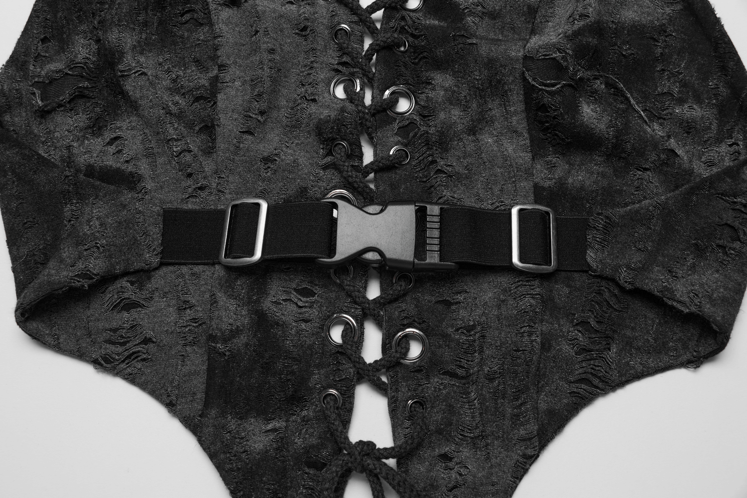 Stylish backless lace-up crop top featuring a pointed hem and edgy distressed texture, perfect for punk rock fashion.