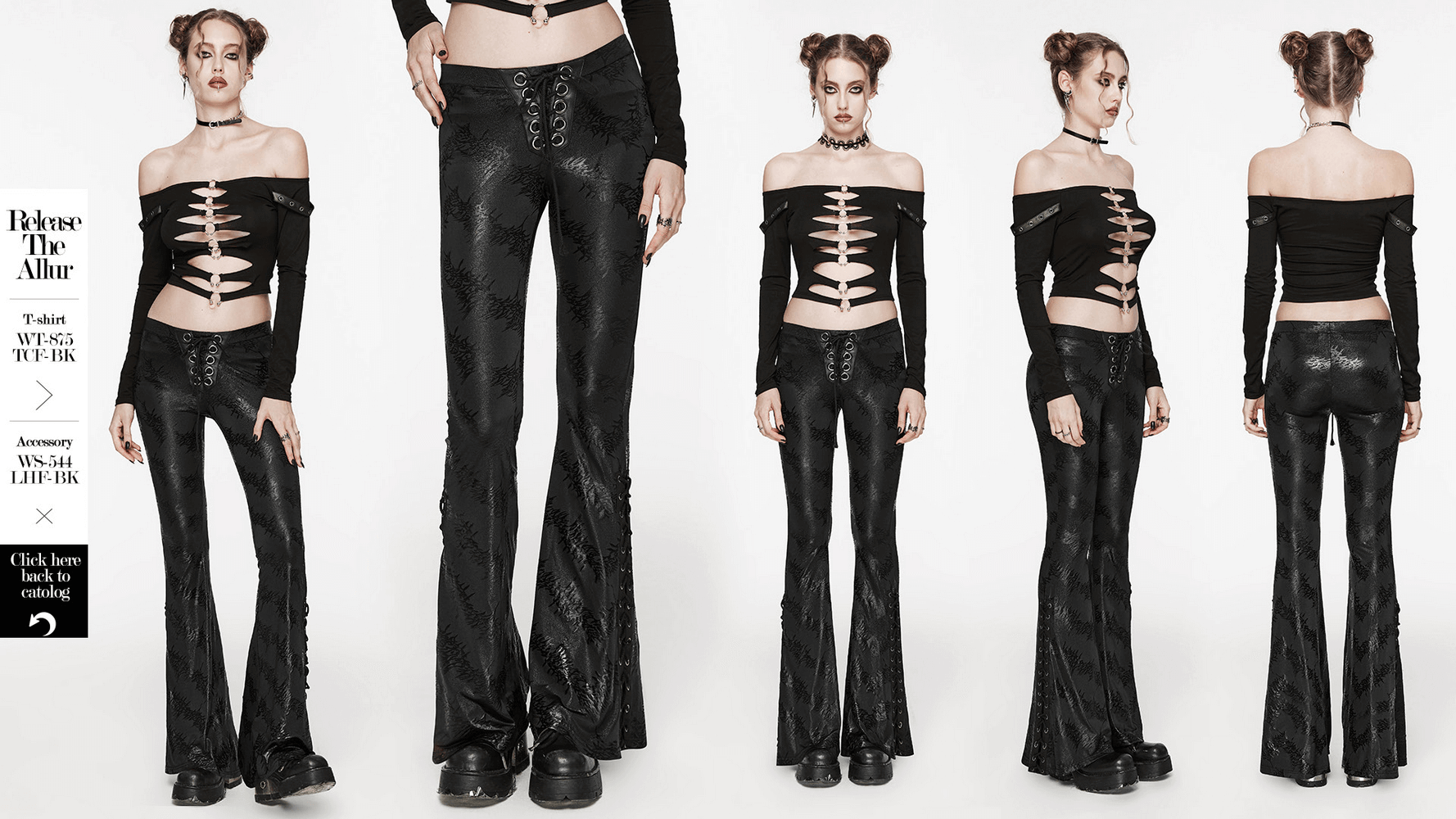 Edgy women's black lace-up flared pants with sparkling tree texture and dramatic silhouette.