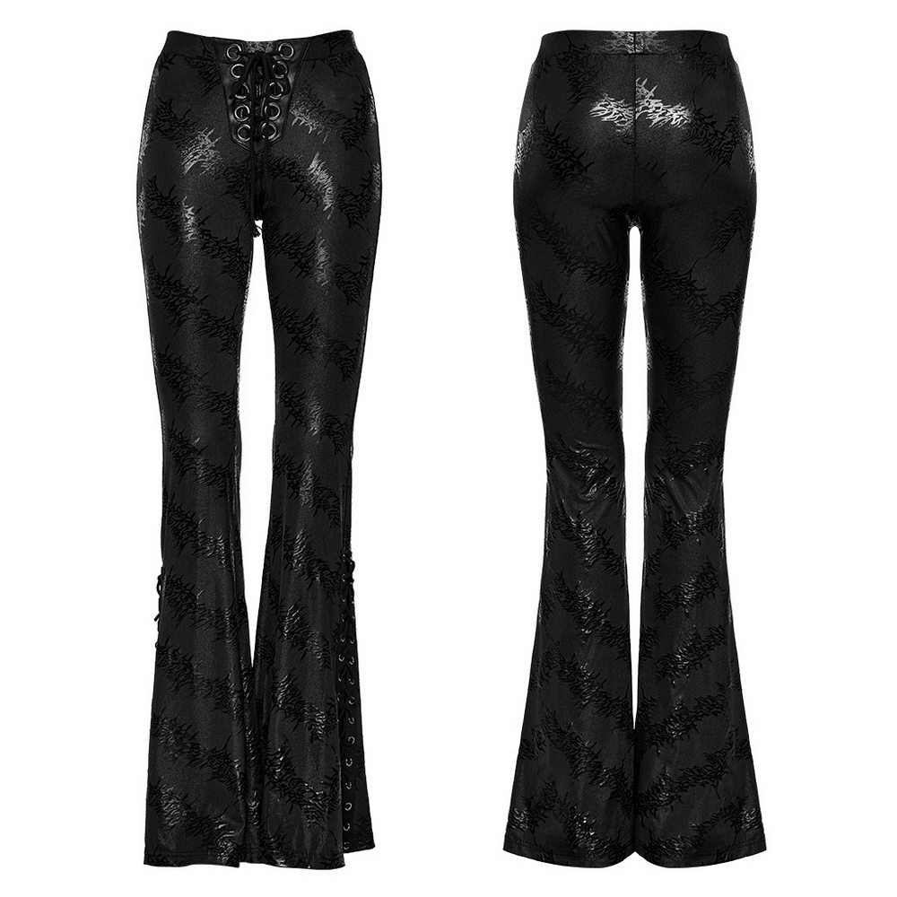 Stylish black lace-up flared pants with sparkling tree texture, perfect for a punk-inspired outfit.