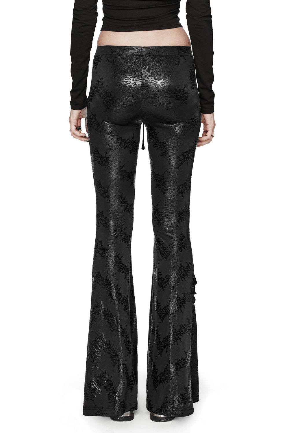Edgy women's black lace-up flared pants featuring a unique sparkling tree texture, perfect for a trendy punk look.