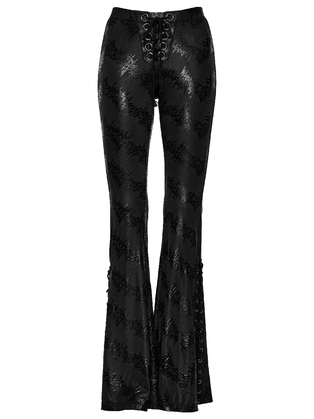 Stylish black lace-up flared pants with sparkling tree texture for an edgy, punk-inspired look.