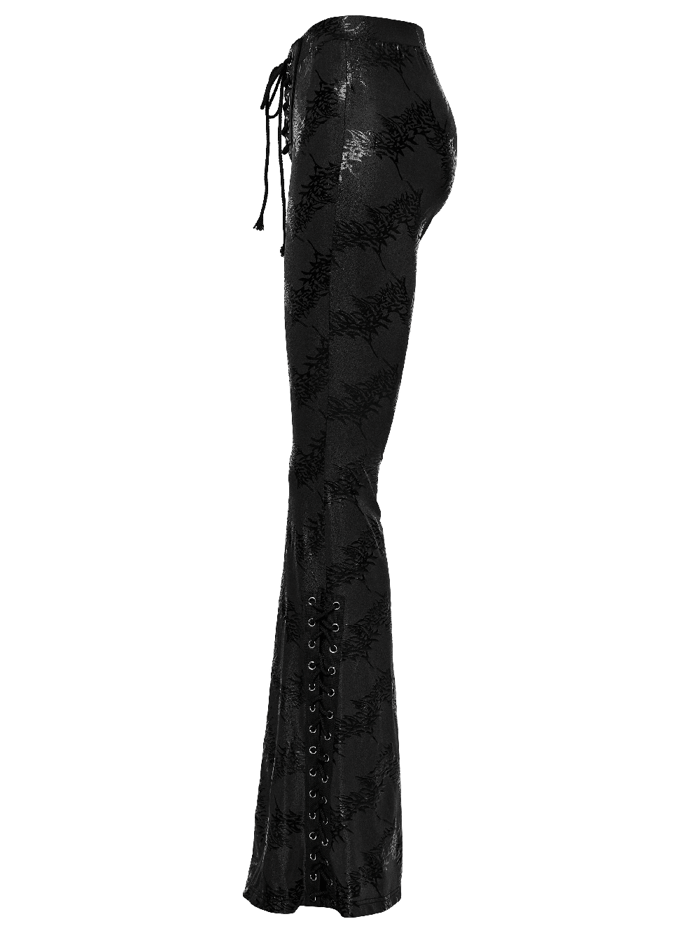Stylish black lace-up flared pants featuring a sparkling tree texture and edgy design for a punk-inspired look.