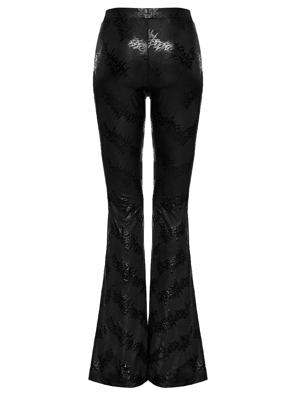 Back view of stylish black lace-up flared pants with sparkling tree texture, perfect for a punk-inspired look.