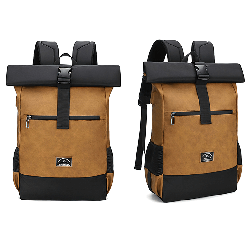 Stylish unisex large capacity laptop backpack in brown and black, perfect for travel and daily use.
