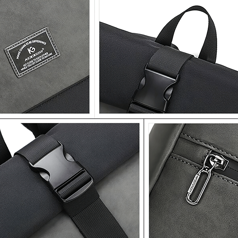 Close-up of stylish large capacity laptop backpack details, showcasing buckles and luxury soft material.