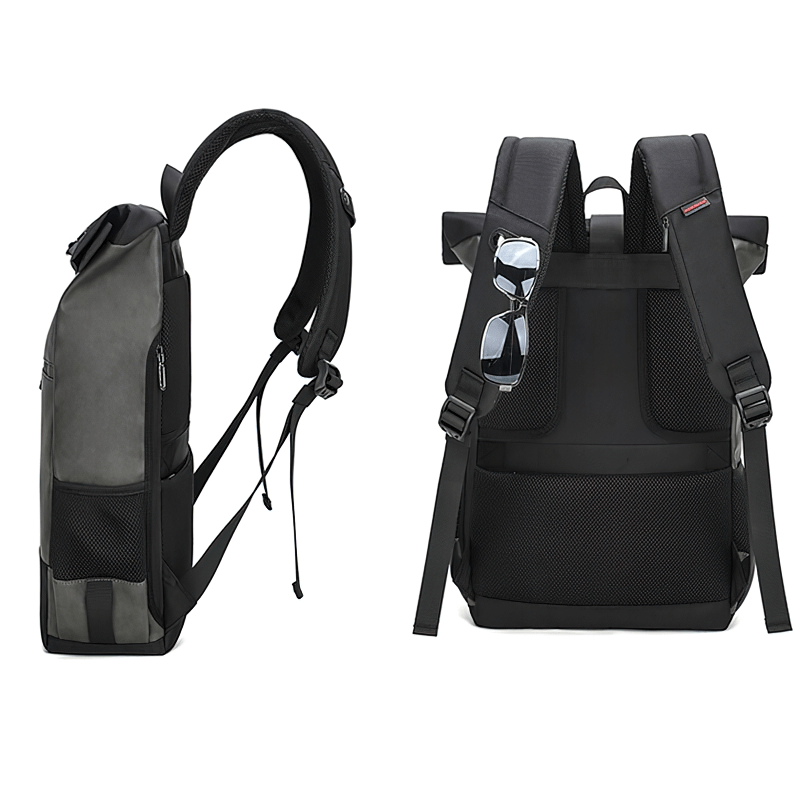 Stylish large capacity laptop backpack with side pocket and sunglasses holder for men and women.