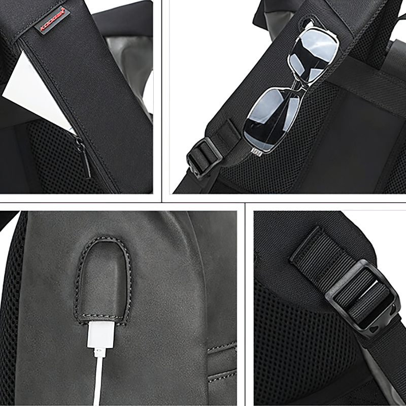 Stylish large capacity laptop backpack details: sunglasses, USB port, ergonomic straps, and buckle features.