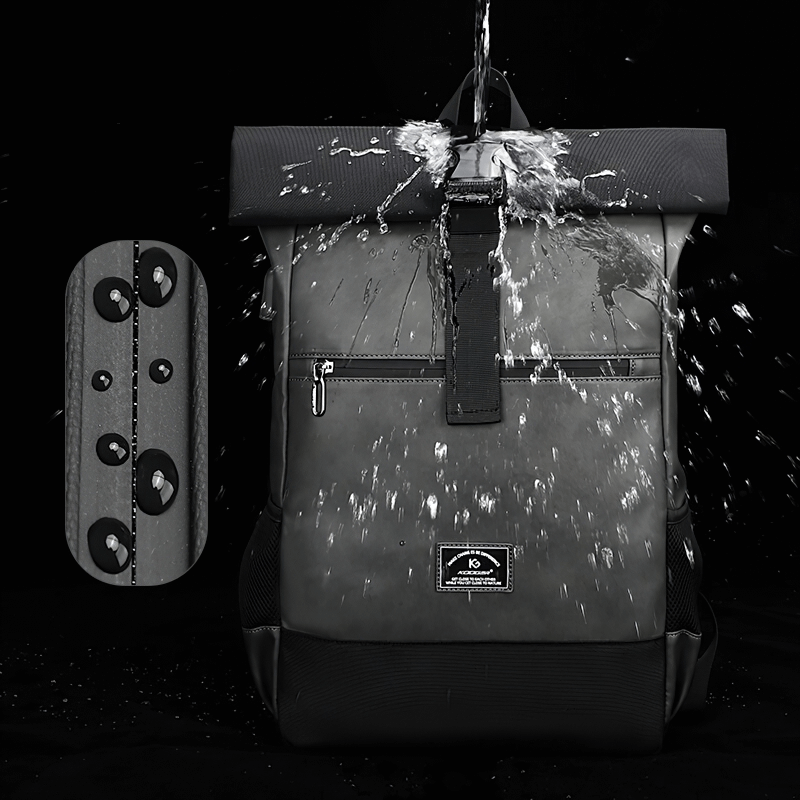 Water-resistant stylish black backpack with roll-top and durable zipper, perfect for daily commutes or travel.