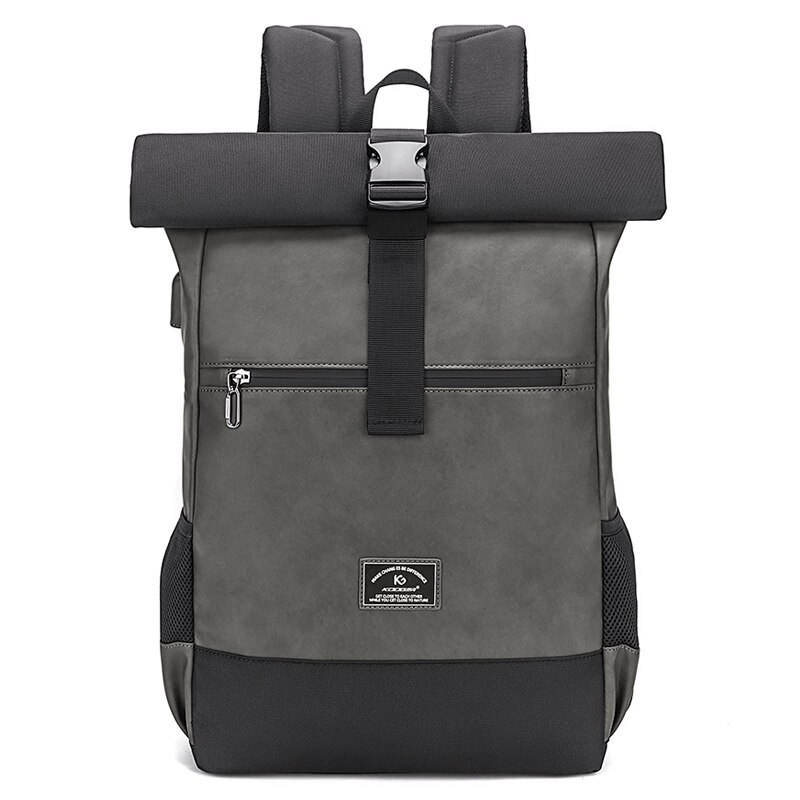 Stylish large capacity laptop backpack in gray with roll-top closure and adjustable straps, perfect for men and women.