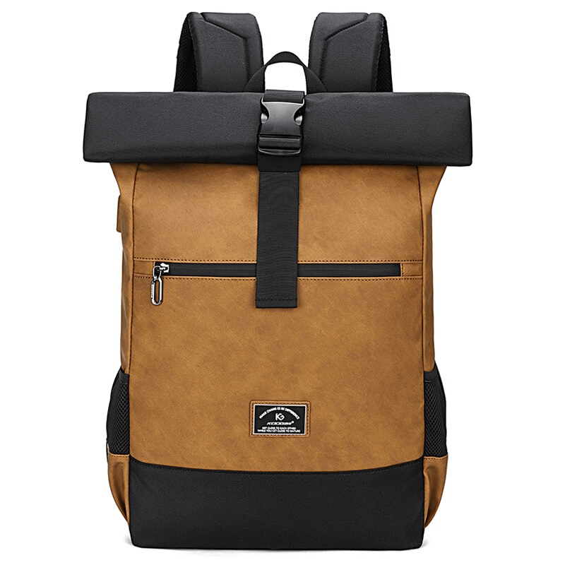Stylish large capacity laptop backpack in brown and black, perfect for unisex travel and daily commutes.