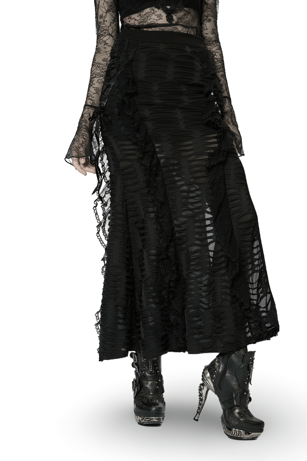 Stylish Gothic ruffle skirt with lace detailing and high slit, paired with edgy platform boots for a fierce look.