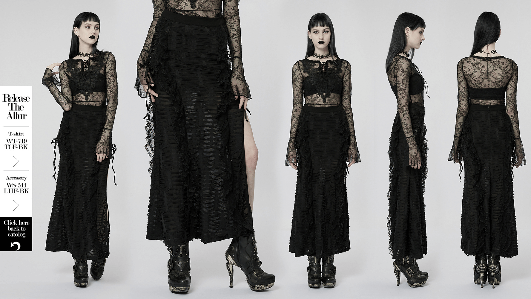 Stylish layered gothic ruffle skirt with high slit, showcasing intricate lace and edgy design for a unique silhouette.
