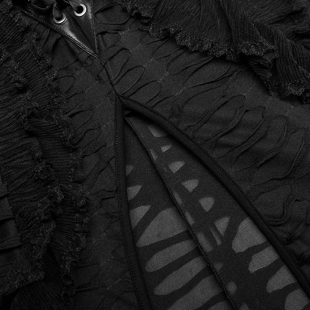 Close-up of layered gothic ruffle skirt showcasing intricate lace and bold high slit details.