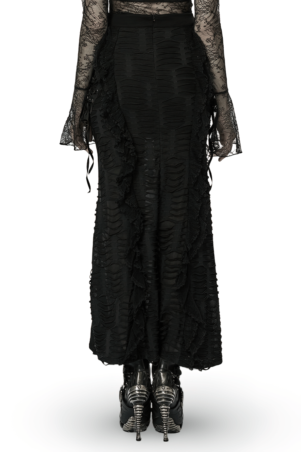 Back view of a stylish gothic ruffle skirt featuring lace detailing and a high slit, paired with edgy ankle boots.