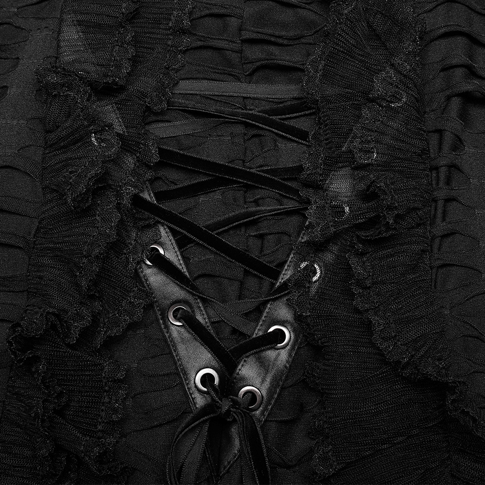 Close-up of stylish black lace-up detailing and ruffle texture on a Gothic skirt.