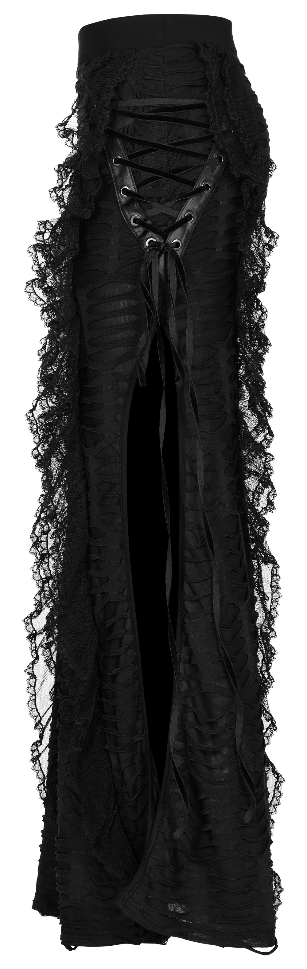 Stylish Gothic layered ruffle skirt with high slit and lace-up side detail for a bold, edgy look.