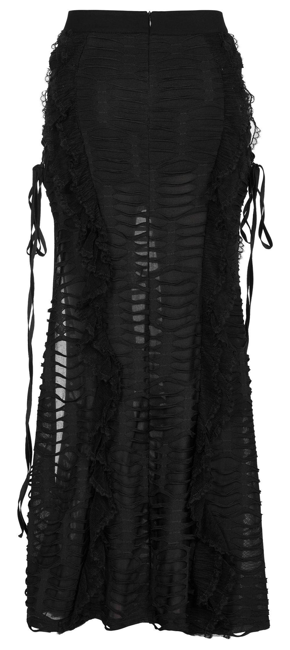 Stylish Gothic ruffle skirt with lace-up sides and high slit, showcasing edgy layered design and relaxed hem.