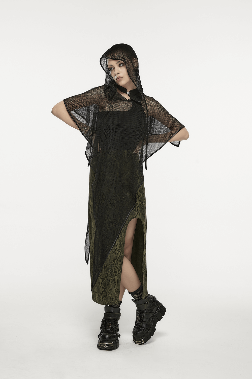 Stylish light gothic hooded mesh overlay cape, featuring an elegant silhouette and dramatic pointed hem, ideal for a standout look.