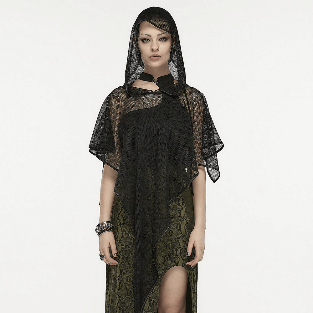 Stylish gothic hooded mesh overlay cape for women, featuring a dramatic hem and elegant spider web fabric.