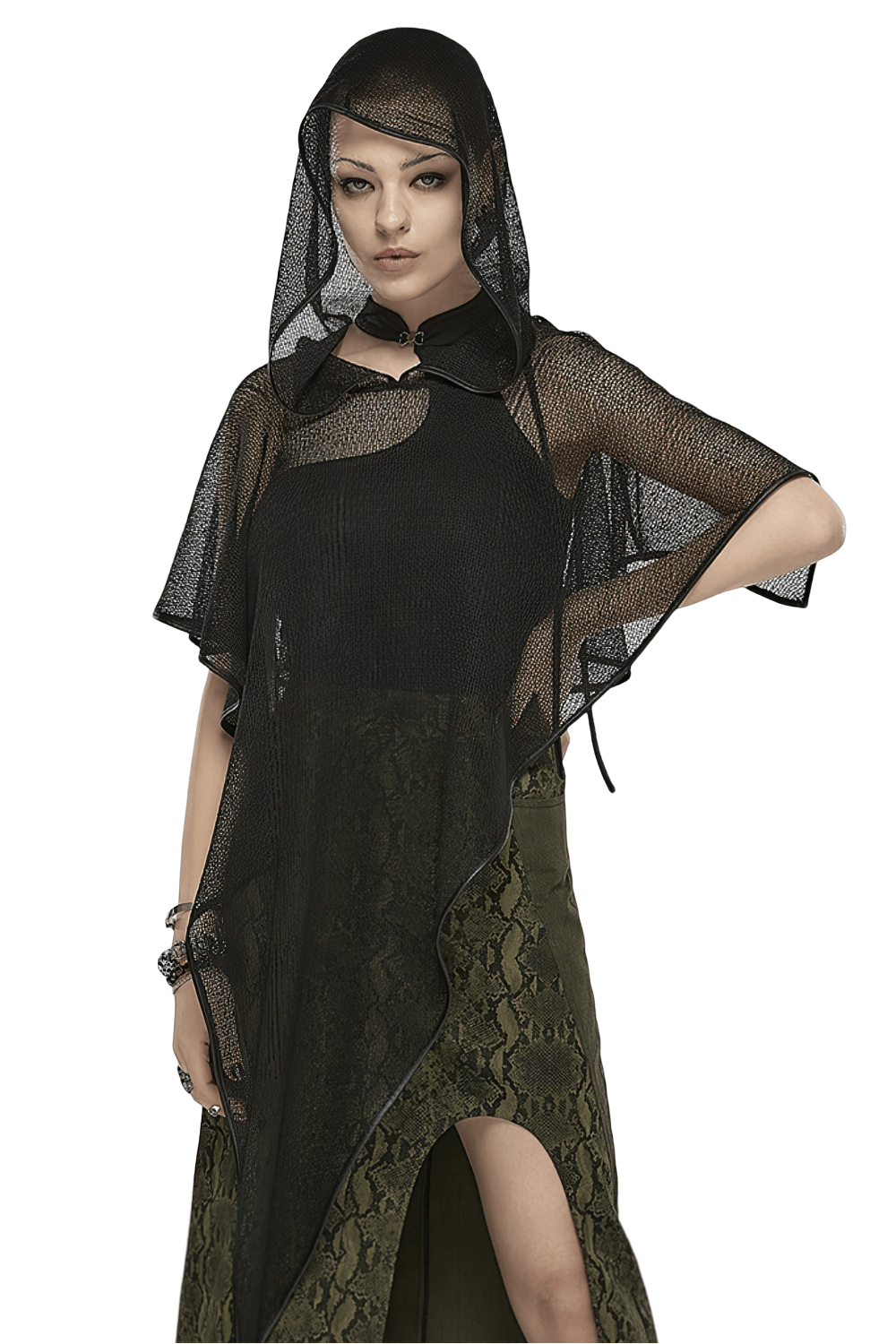 Stylish gothic hooded mesh overlay cape on model, featuring a dramatic silhouette and elegant design, perfect for chic outfits.