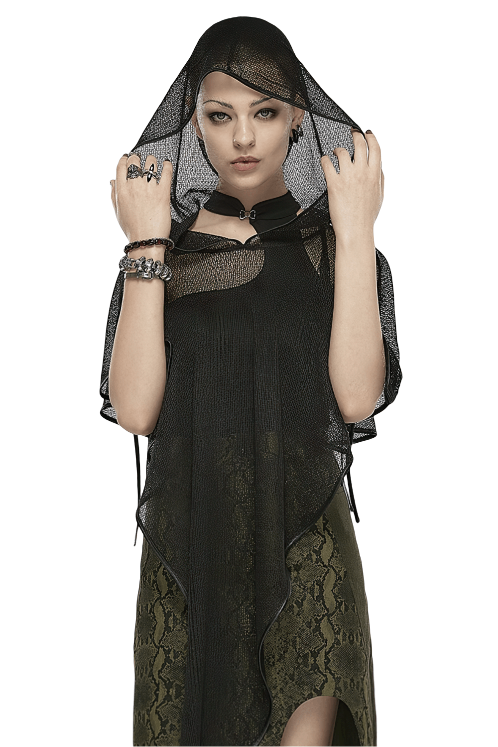 Stylish gothic hooded mesh overlay cape in black, highlighted with elegant accessories, perfect for a dramatic look.