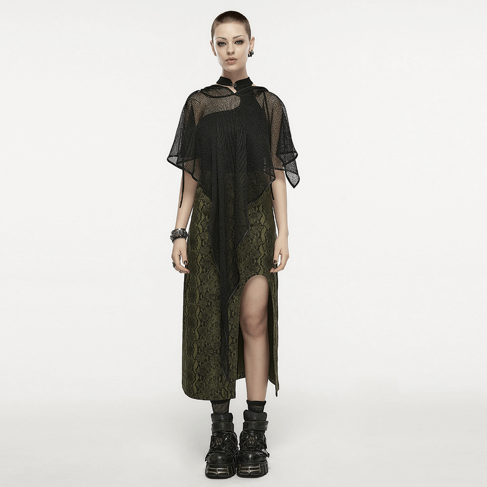 Stylish light gothic hooded mesh overlay cape worn by model, combining elegance and edgy fashion.