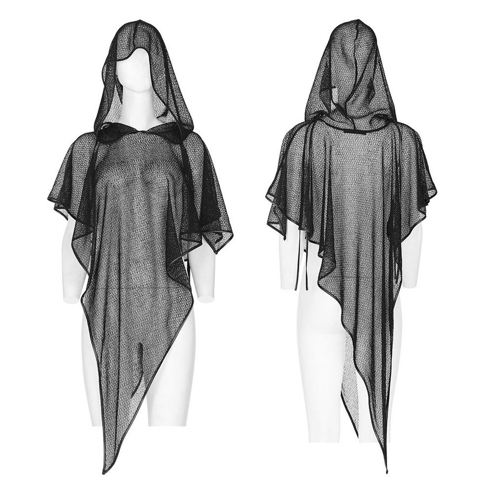 Gothic hooded mesh overlay cape in elegant black, featuring a dramatic pointed hem and flowing silhouette.