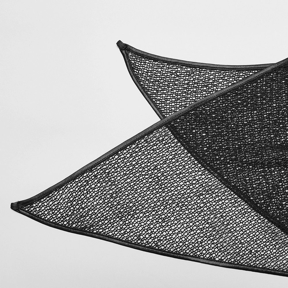 Close-up of stylish gothic hooded mesh overlay cape with elegant pointed hem and soft spider web design.