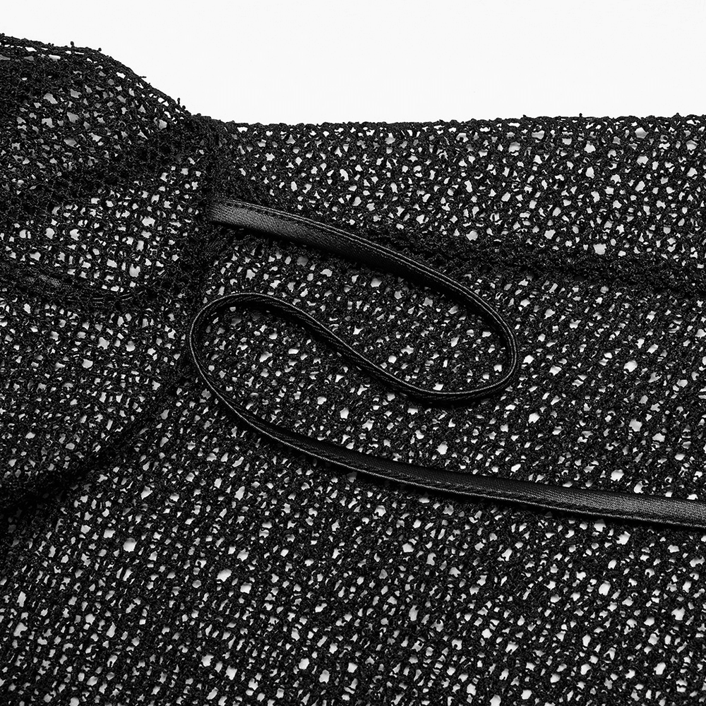 Close-up of the stylish light gothic hooded mesh overlay cape with elastic binding and intricate mesh detail.