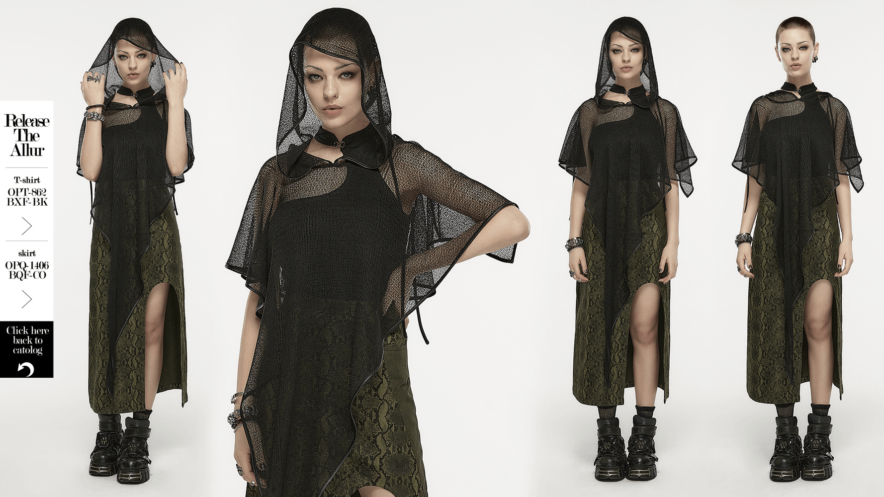 Stylish gothic hooded cape with mesh overlay and elegant green accents, perfect for a dramatic flair in your wardrobe.