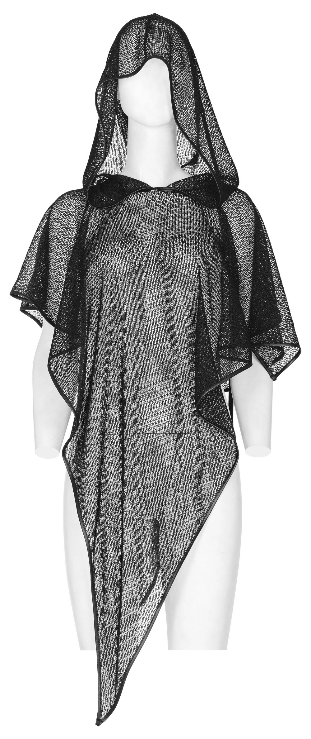 Stylish black gothic hooded mesh overlay cape for women, featuring pointed hem and elegant design.