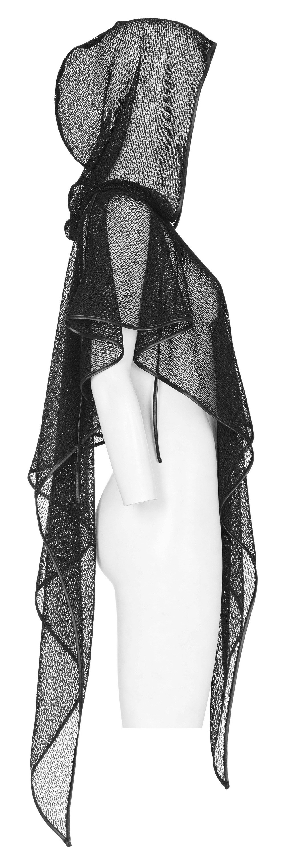 Stylish light gothic hooded mesh overlay cape displayed on a mannequin from the side, showcasing its elegant design.