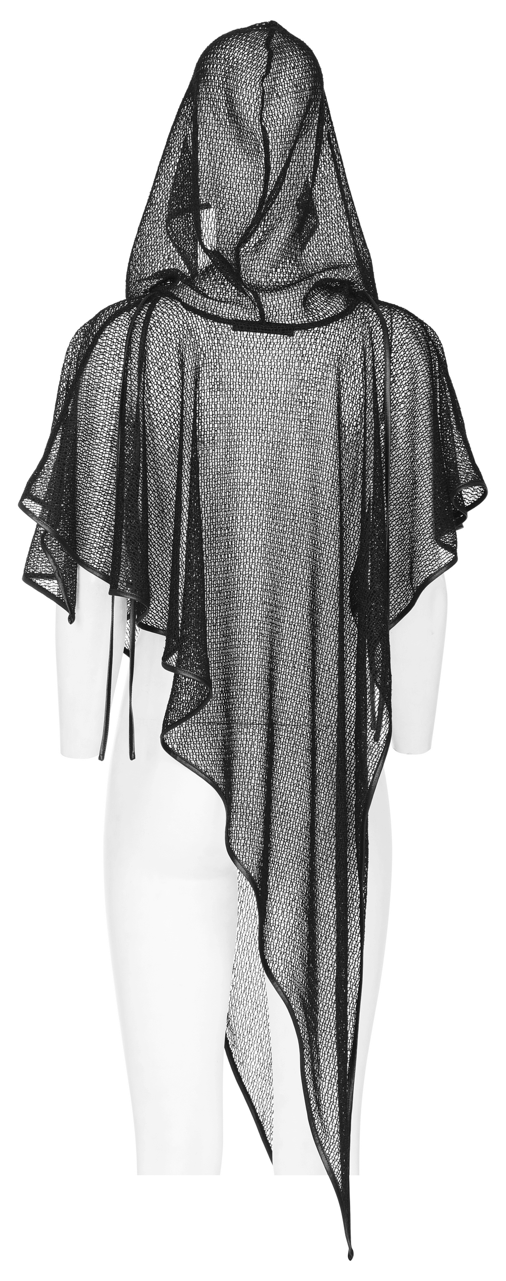 Stylish light gothic hooded mesh overlay cape showcasing elegant design with dramatic pointed hem, perfect for a unique outfit.