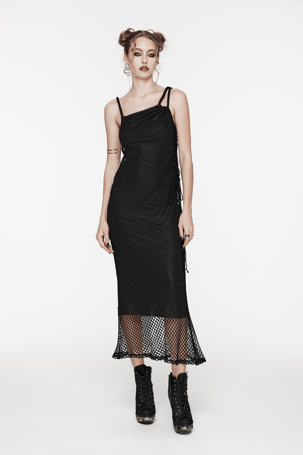 Stylish Long Dress with Mesh and Asymmetric Straps