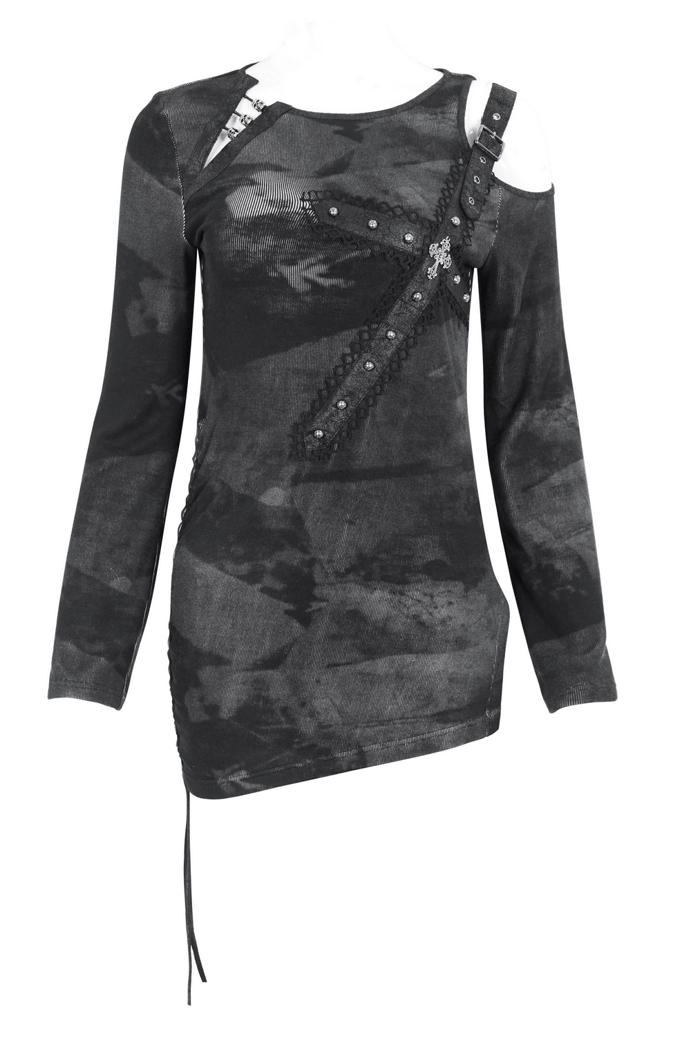 Stylish long sleeves asymmetric top featuring buckle and edgy embellishments for a punk-inspired look.