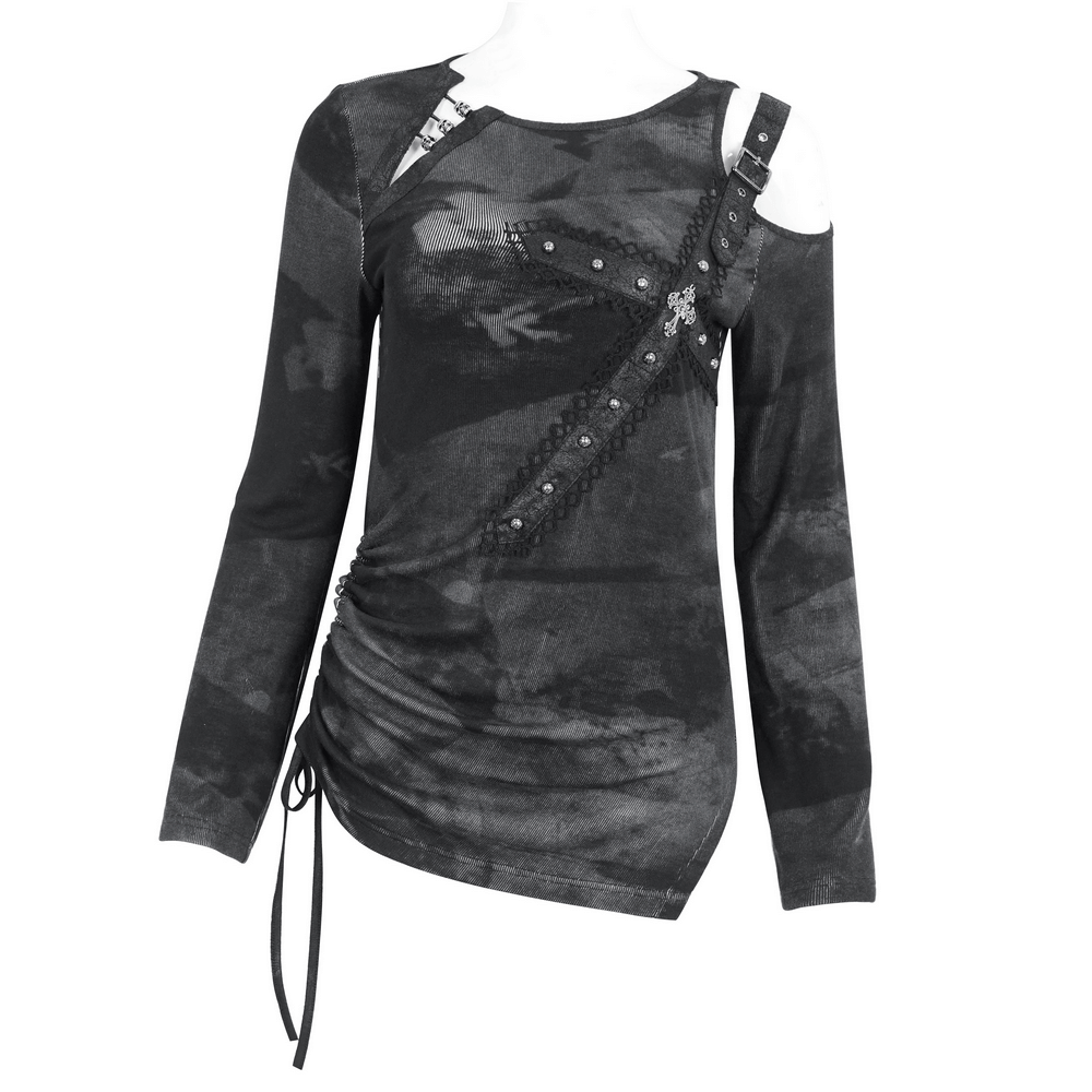 Stylish long sleeves asymmetric top with edgy buckle detail and soft fabric for a trendy punk look.