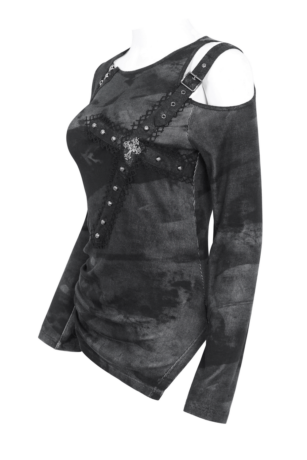 Stylish long sleeve asymmetric top with buckle detail, featuring an edgy design and classic crewneck.