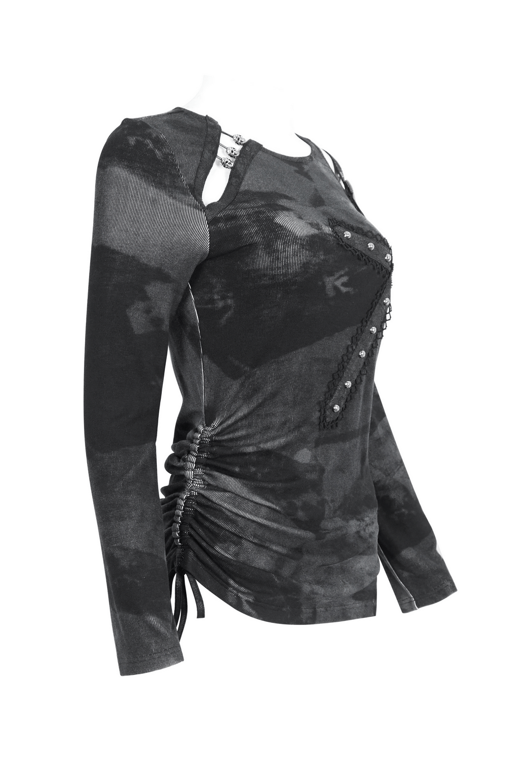 Punk women's long-sleeved asymmetric top with buckle detail and ruched sides, perfect for an edgy everyday look.