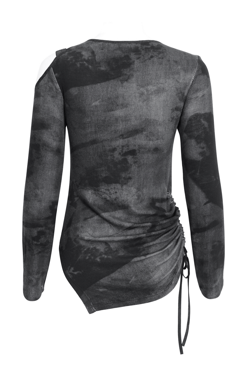 Stylish asymmetrical long sleeve top with buckle detail and ruched back design in black and gray.