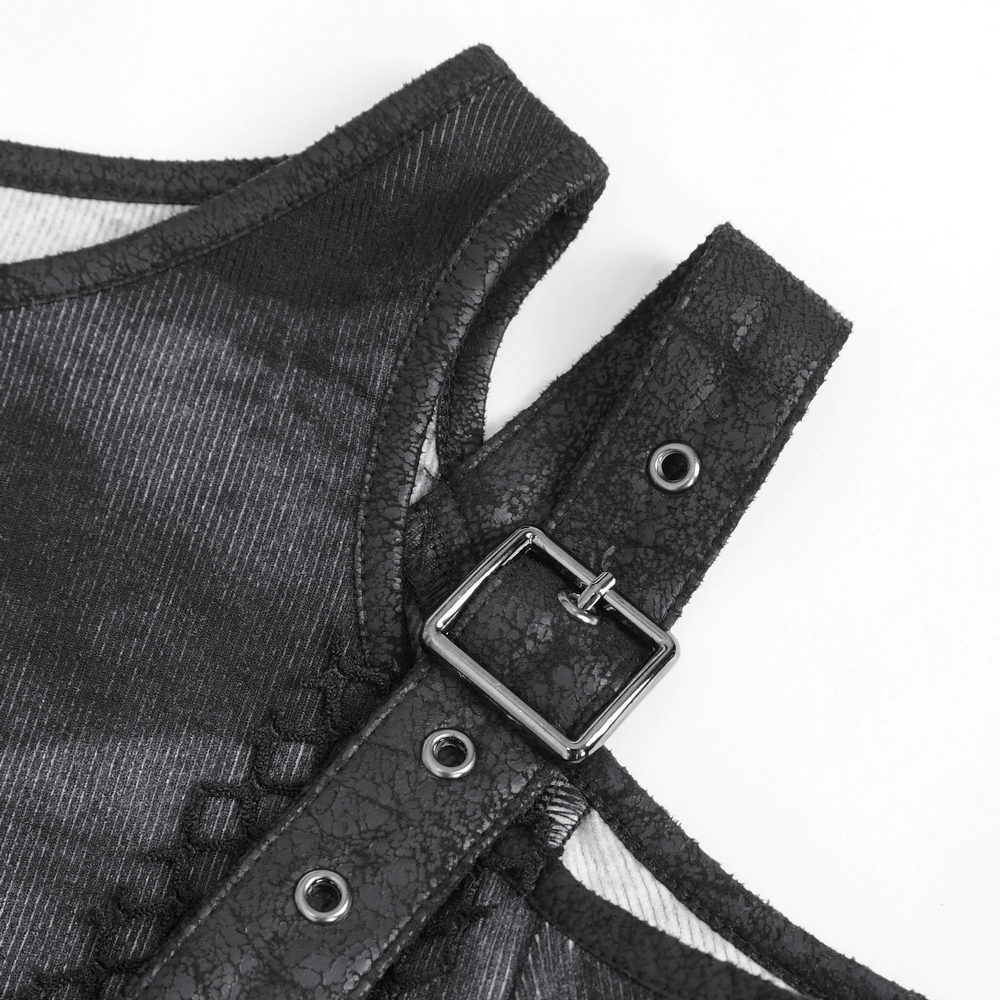 Close-up of stylish punk top featuring asymmetrical buckle detail, showcasing edgy design elements.