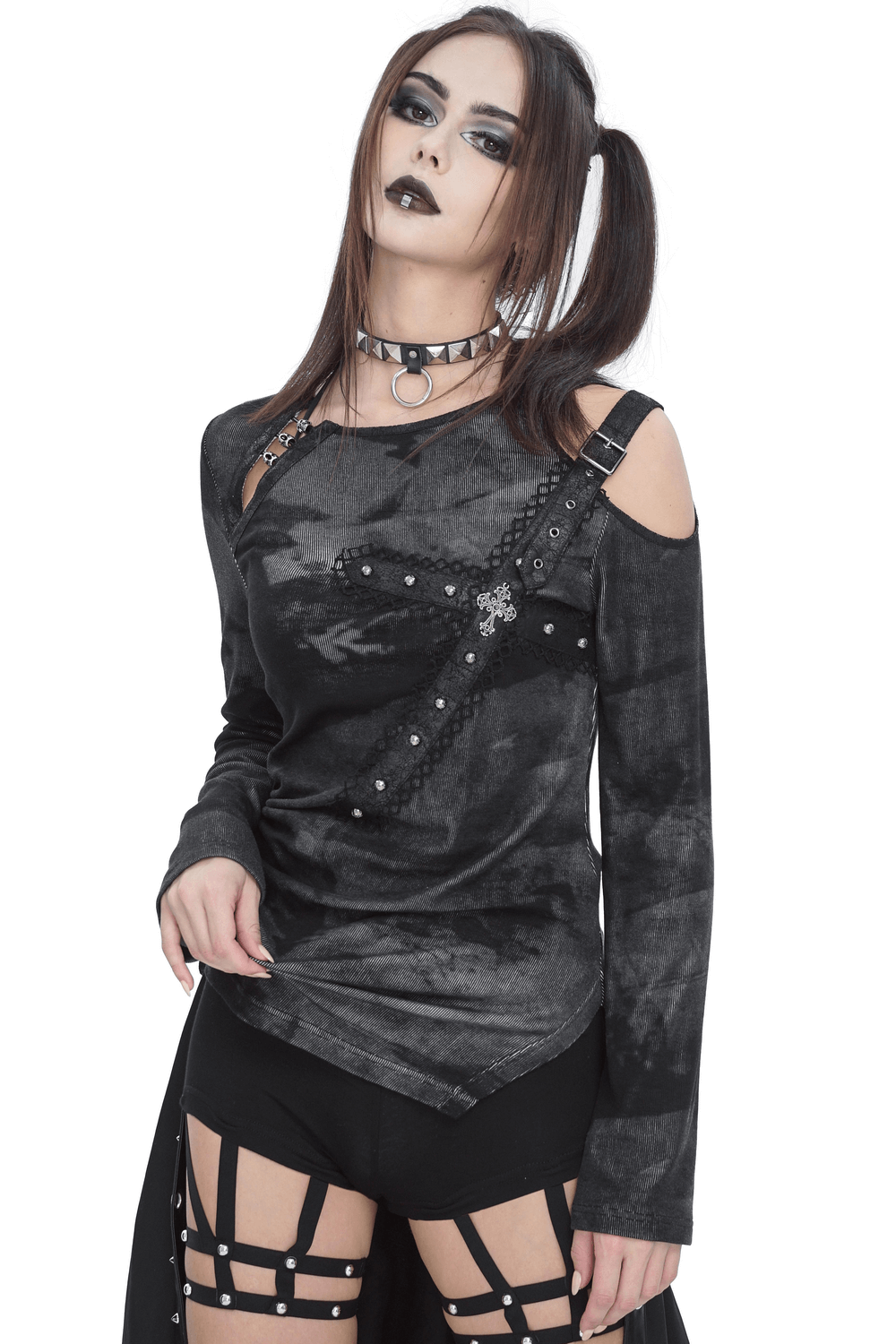 Punk women's long sleeves asymmetric top with buckle detail, featuring edgy design and soft fabric for everyday style.