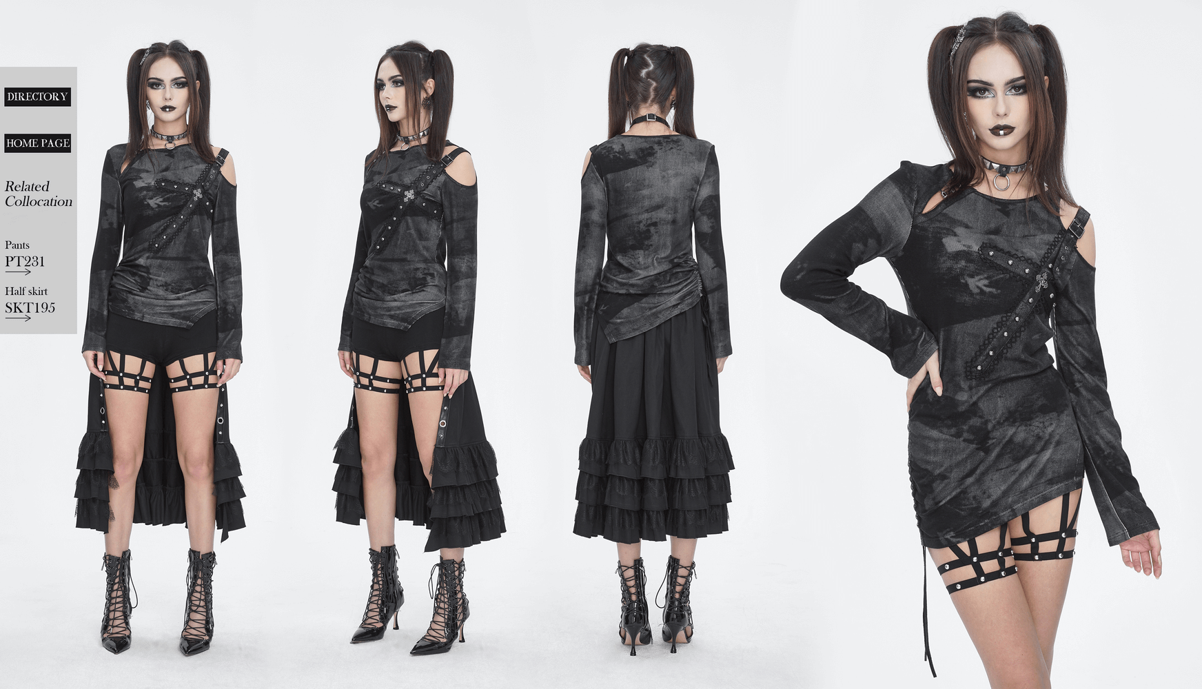 Punk women's long sleeve top featuring asymmetrical design and buckle details, paired with stylish layered skirt.