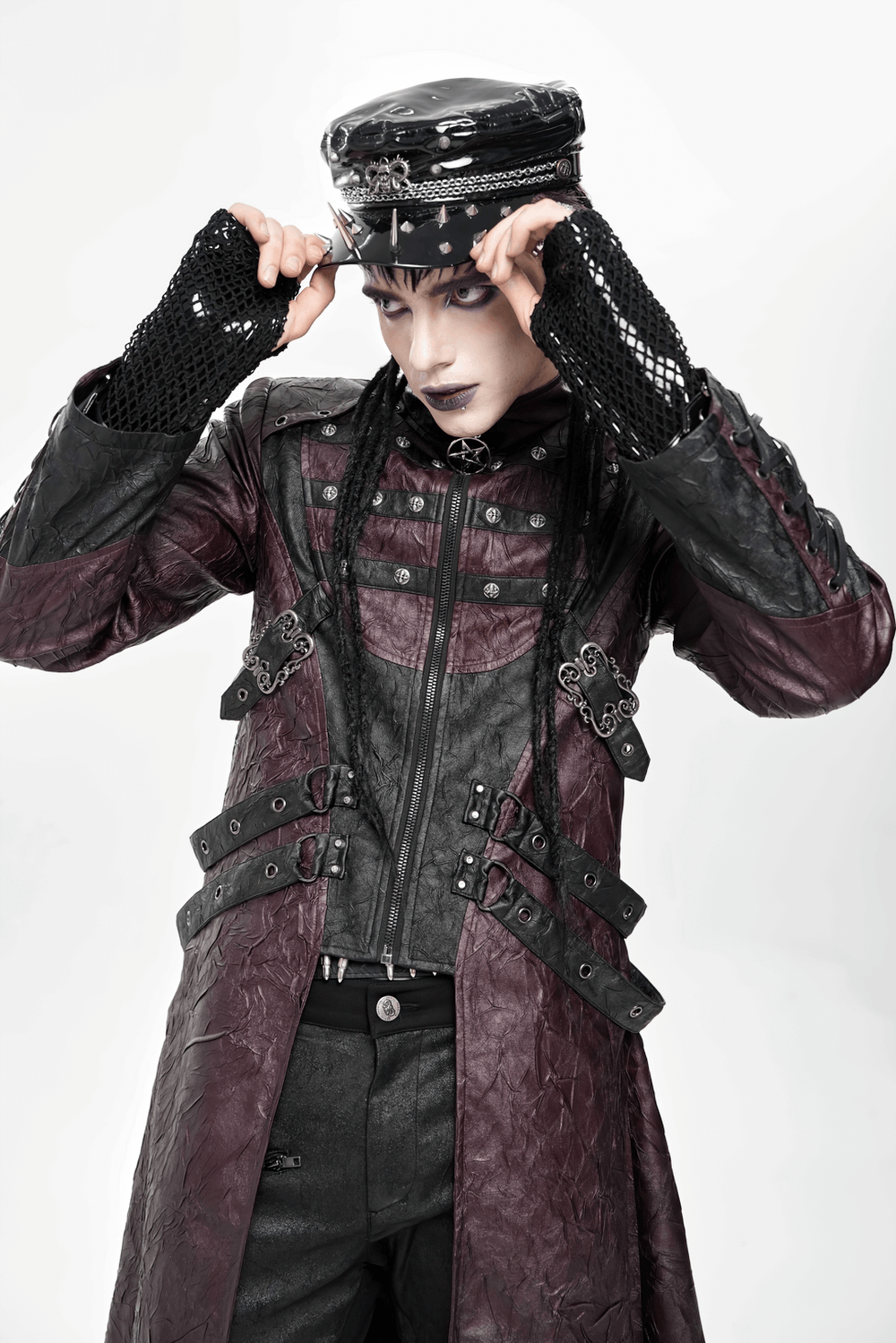 Stylish Longline Punk and Steampunk Buckle Coat showcased by a model in a dramatic pose.